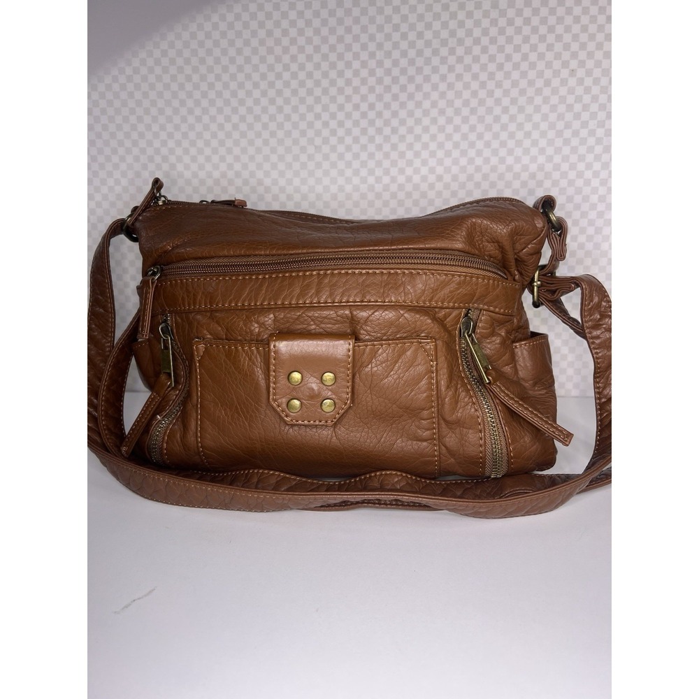 Bueno Vintage Brown Ultra Soft Grainy PU Leather Washed Crossbody Shoulder Bag